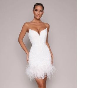 MODA GLAM ZIVA STRAPLESS SEQUIN MINI DRESS W/ FEATHER TRIM-